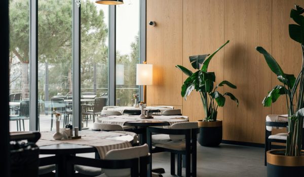 pexels-photo-30754469-30754469 Elegant restaurant interior with modern decor in Istanbul, featuring large windows and lush greenery.